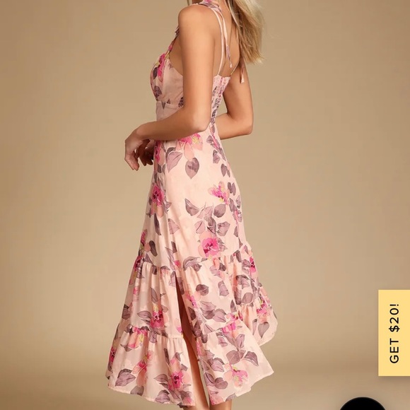 Lulu’s - Tea Party Chic Pink Floral Print Tie-Strap Tiered Midi Dress - Picture 2 of 7